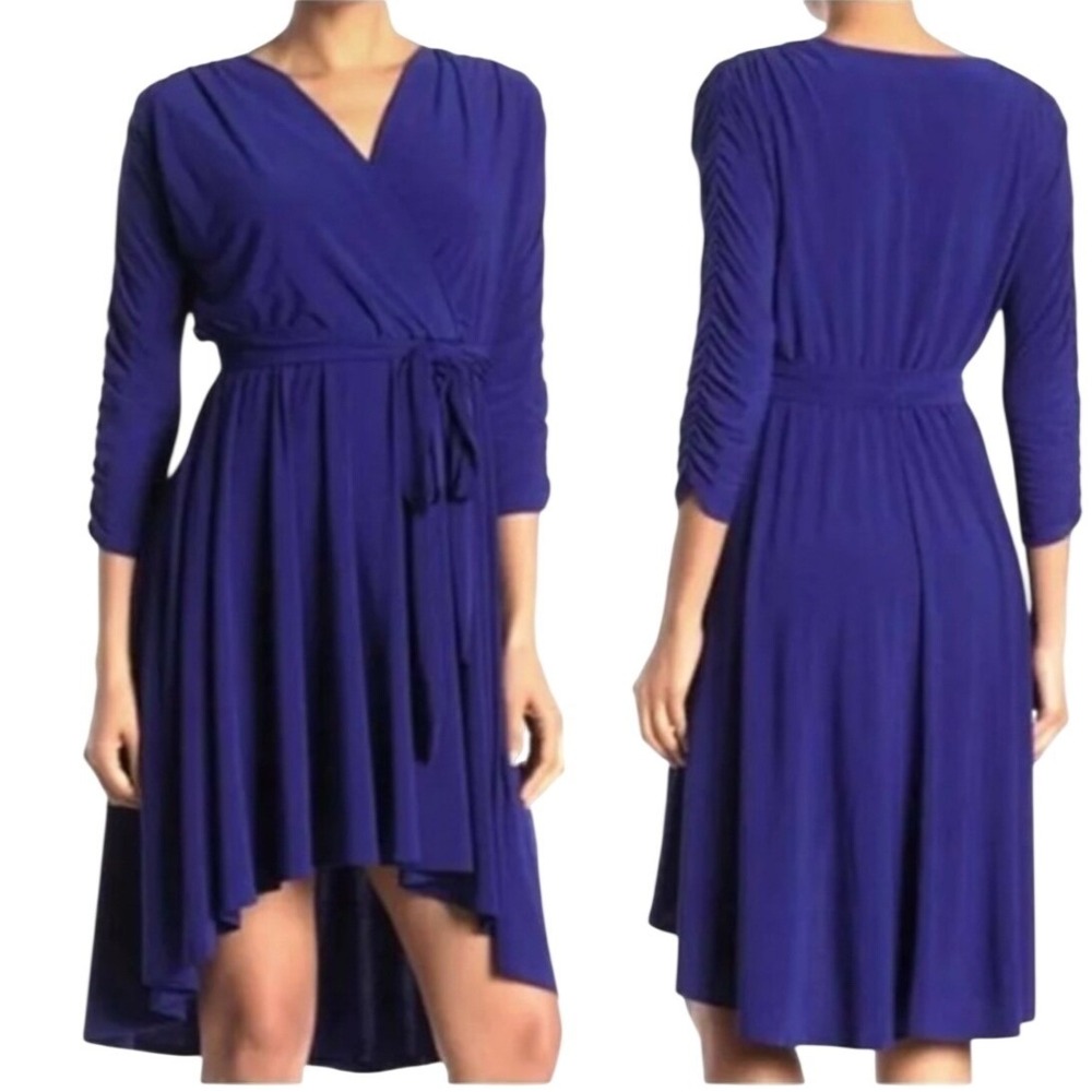 Eliza J Dress Womens 8 Faux Wrap Royal Blue High Low Ruched Sleeve EUC